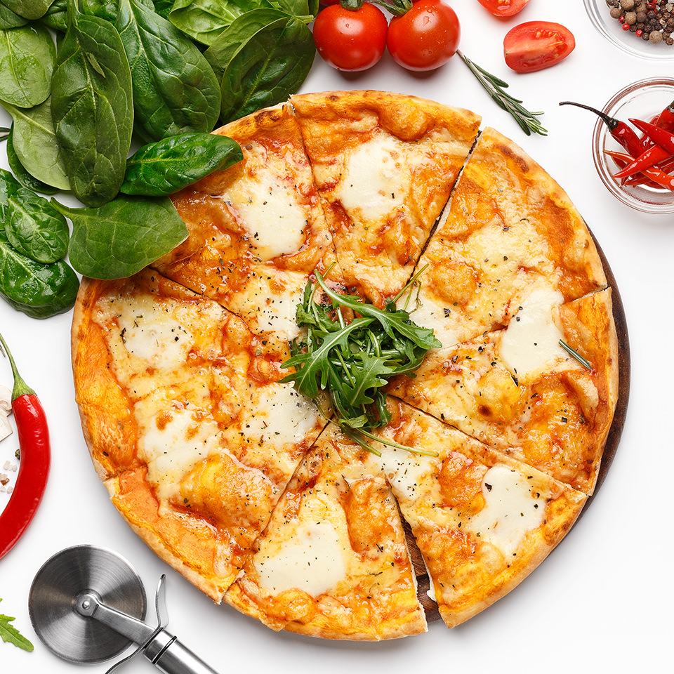 italian mozzarella pizza on white table top view 397PJZG